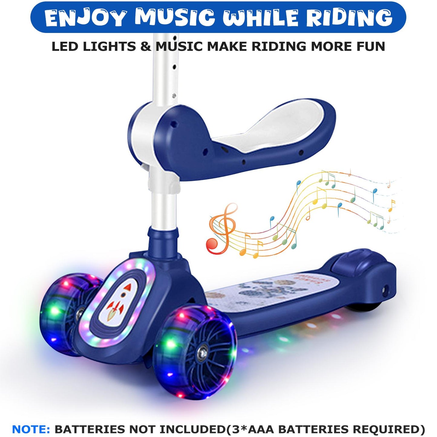 Eotvia Kids Scooter with LED Lighted Wheels, 3 Adjustable Handlebar/Foldable Seat, Sit or Stand Ride, Lean-to-Steer & Deck, Scooters for Kids 3-5,Blue