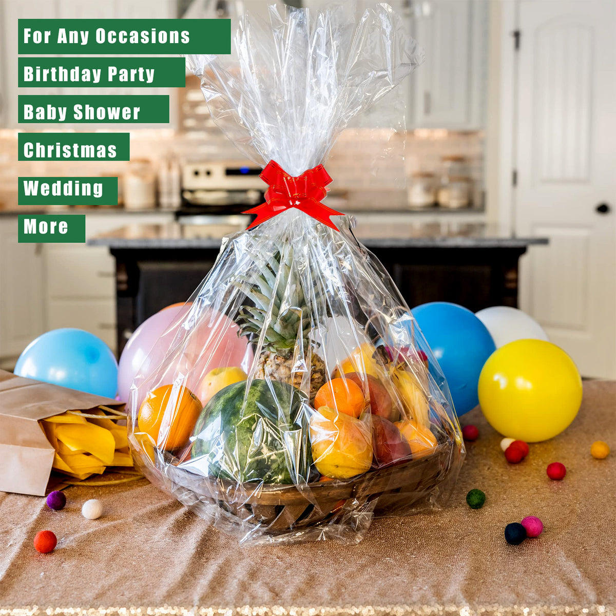 10 Pcs Clear Cellophane Basket Bags Large Size (32 in X 55 in), 3 Mil Thicker Clear Cellophane Wrap, for Gift Bags with 10 Pcs Red Bows Ribbons
