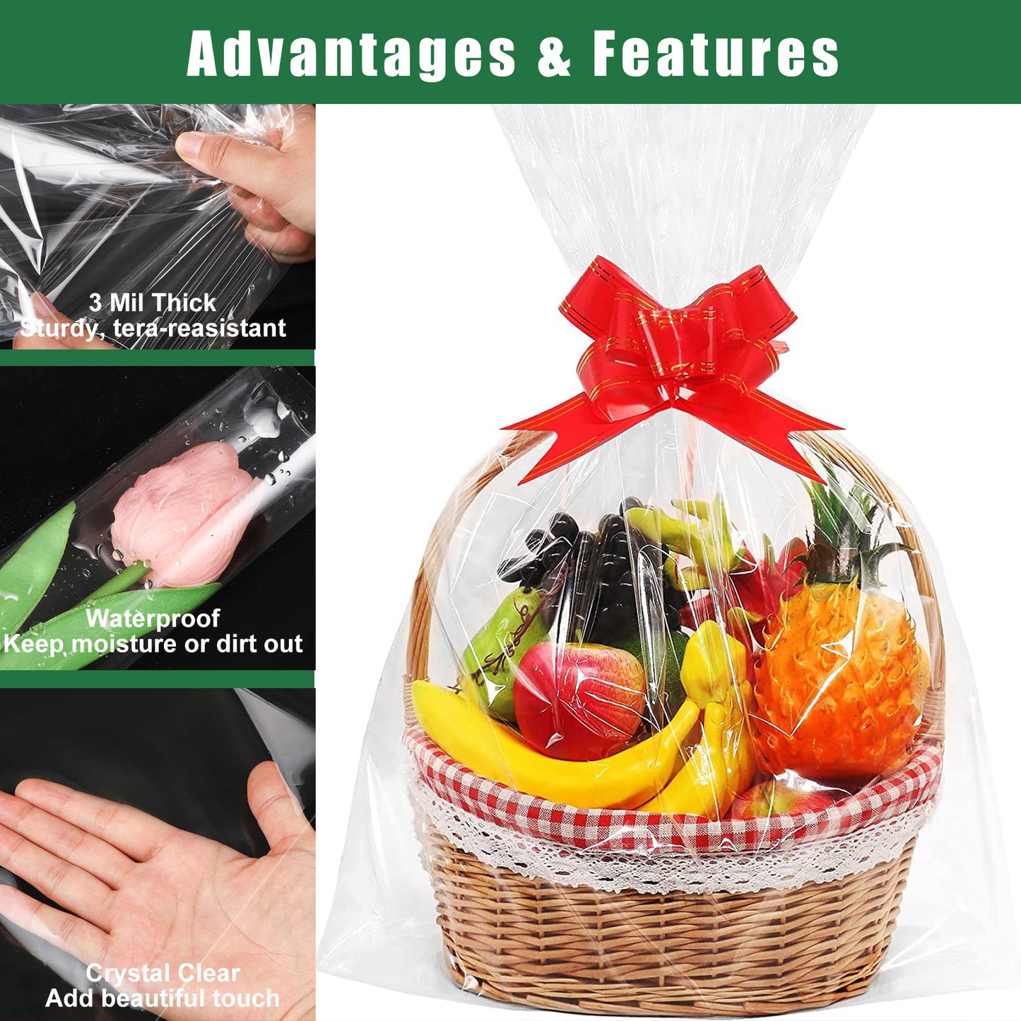 10 Pcs Clear Cellophane Basket Bags Large Size (32 in X 55 in), 3 Mil Thicker Clear Cellophane Wrap, for Gift Bags with 10 Pcs Red Bows Ribbons