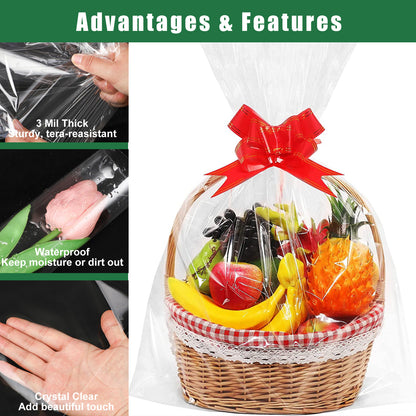 10 Pcs Clear Cellophane Basket Bags Large Size (32 in X 55 in), 3 Mil Thicker Clear Cellophane Wrap, for Gift Bags with 10 Pcs Red Bows Ribbons