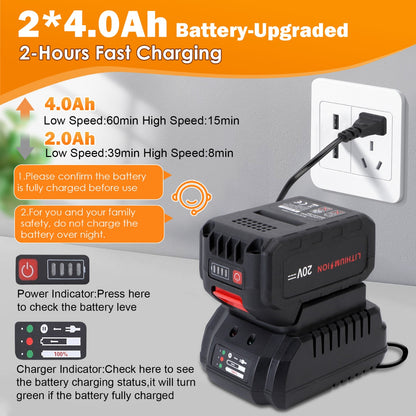 Cordless Electric Leaf Blower 20V 800CFM 160MPH, 6 Speeds Brushless Motor With 2 X 4.0Ah Batteries & Fast Charger For Patio Cleaning, Lawn Care, Blowing Leaves And Dust