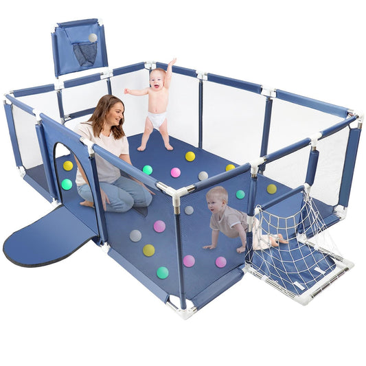 71” x 48” Extra Large Baby Playpen with Basketball Hoop & Soccer Net, No-gap safety Play Yard for Babies & Toddlers, Sturdy Mesh Fence Ball Pit Area, Easy Setup (No Balls)