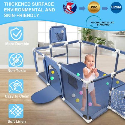 71” x 48” Extra Large Baby Playpen with Basketball Hoop & Soccer Net, No-gap safety Play Yard for Babies & Toddlers, Sturdy Mesh Fence Ball Pit Area, Easy Setup (No Balls)