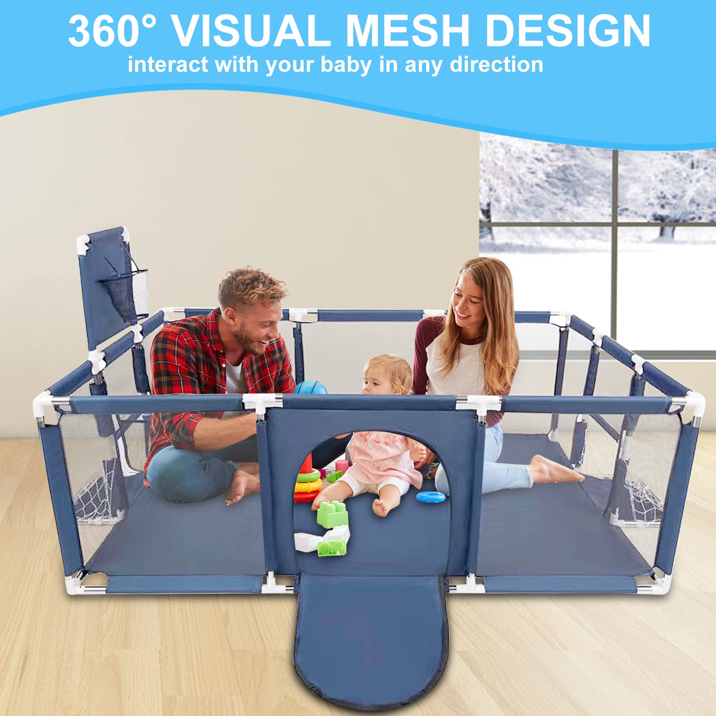 71” x 48” Extra Large Baby Playpen with Basketball Hoop & Soccer Net, No-gap safety Play Yard for Babies & Toddlers, Sturdy Mesh Fence Ball Pit Area, Easy Setup (No Balls)