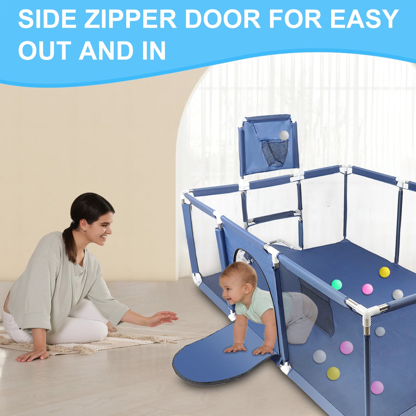 71” x 48” Extra Large Baby Playpen with Basketball Hoop & Soccer Net, No-gap safety Play Yard for Babies & Toddlers, Sturdy Mesh Fence Ball Pit Area, Easy Setup (No Balls)