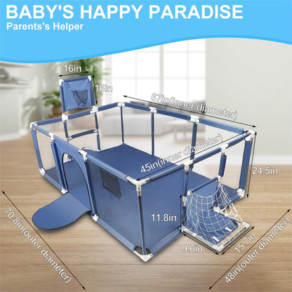 71” x 48” Extra Large Baby Playpen with Basketball Hoop & Soccer Net, No-gap safety Play Yard for Babies & Toddlers, Sturdy Mesh Fence Ball Pit Area, Easy Setup (No Balls)