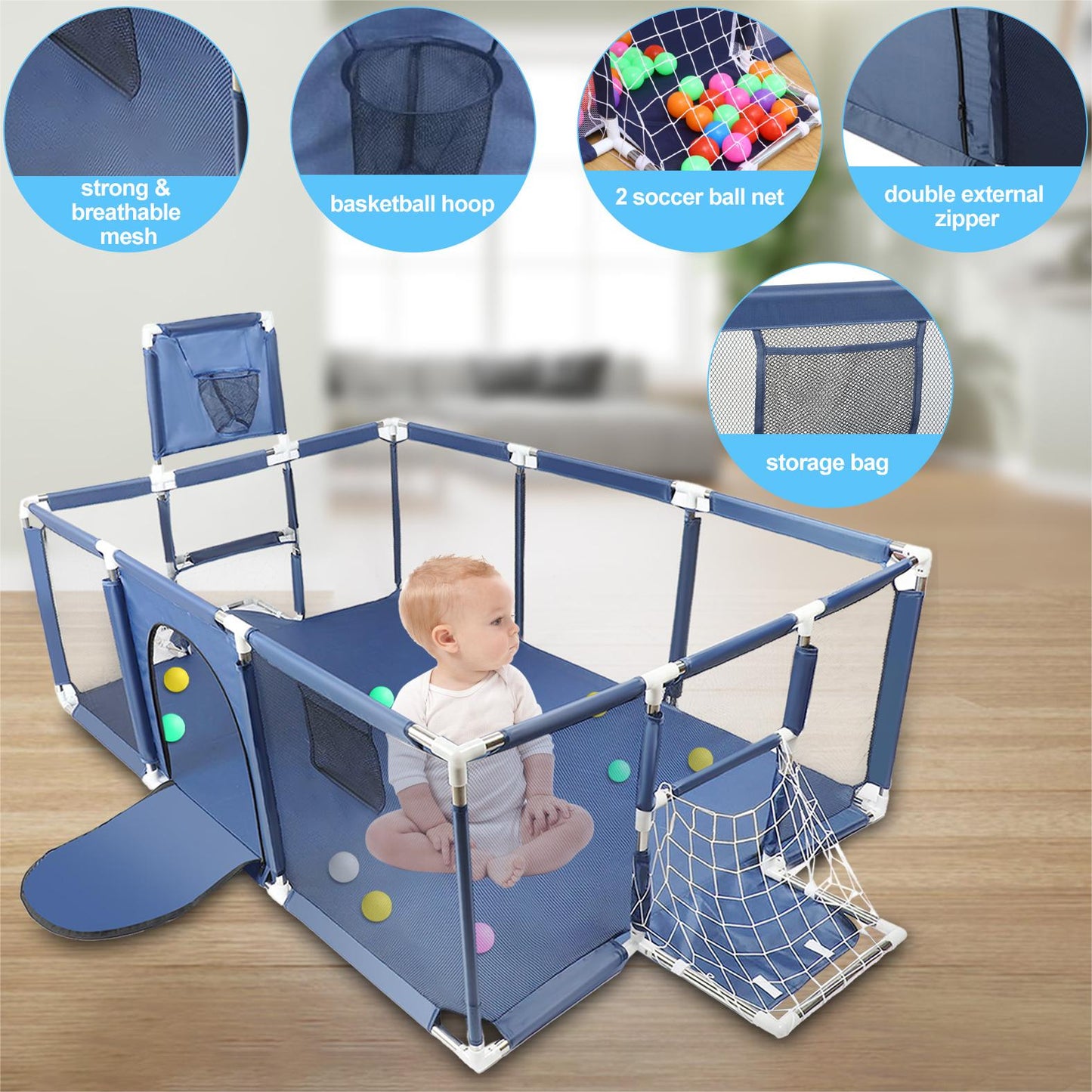 71” x 48” Extra Large Baby Playpen with Basketball Hoop & Soccer Net, No-gap safety Play Yard for Babies & Toddlers, Sturdy Mesh Fence Ball Pit Area, Easy Setup (No Balls)