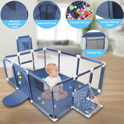 71” x 48” Extra Large Baby Playpen with Basketball Hoop & Soccer Net, No-gap safety Play Yard for Babies & Toddlers, Sturdy Mesh Fence Ball Pit Area, Easy Setup (No Balls)
