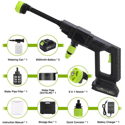 18000mAh 24V Cordless Pressure Washer with 3 Rechargeable Batteries, 16.4FT Water Pipe and 6 In 1 Nozzles Car Power Cleaner Machine, 435PSI