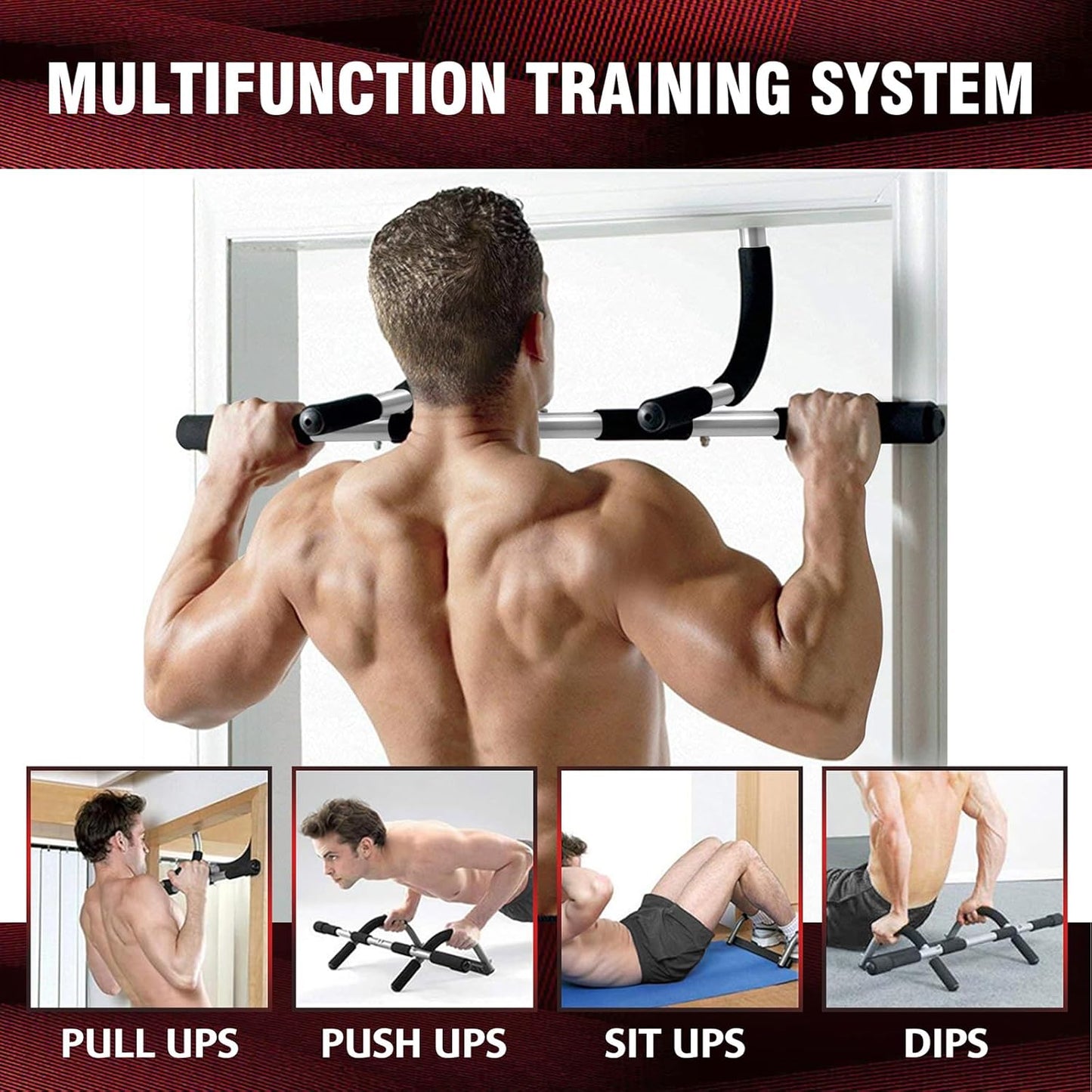 Pull Up Bar for Doorway, Thickened Steel Upper Body Workout Bar, Adjustable Width Locking, Max Limit 330 lbs, Multi-Grip Strength Chin-Up Bar for Strength Training, Home & Gym, Black