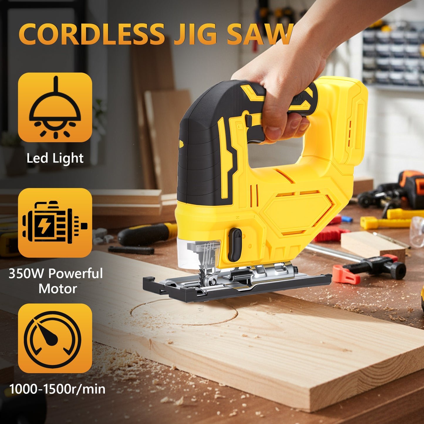 Cordless Jig Saw for 21V Battery, Brushless Orbital Jigsaw, 0°- 45° Bevel Cuts, Lightweight 4 Orbital Settings with LED Light for Straight Curve Circle Cutting (No Battery)