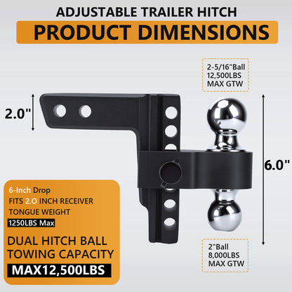 Adjustable Trailer Hitch,Aluminum Drop Hitch Fits 2" Receiver, 6 Inch Drop/Rise, 12,500 LBS GTW Heavy Duty Truck Hitch, (2" & 2-5/16") Chrome Plated Steel Balls - Tow Hitch Ball Mount,Black