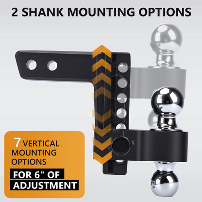 Adjustable Trailer Hitch,Aluminum Drop Hitch Fits 2" Receiver, 6 Inch Drop/Rise, 12,500 LBS GTW Heavy Duty Truck Hitch, (2" & 2-5/16") Chrome Plated Steel Balls - Tow Hitch Ball Mount,Black