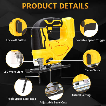 Cordless Jig Saw for 21V Battery, Brushless Orbital Jigsaw, 0°- 45° Bevel Cuts, Lightweight 4 Orbital Settings with LED Light for Straight Curve Circle Cutting (No Battery)