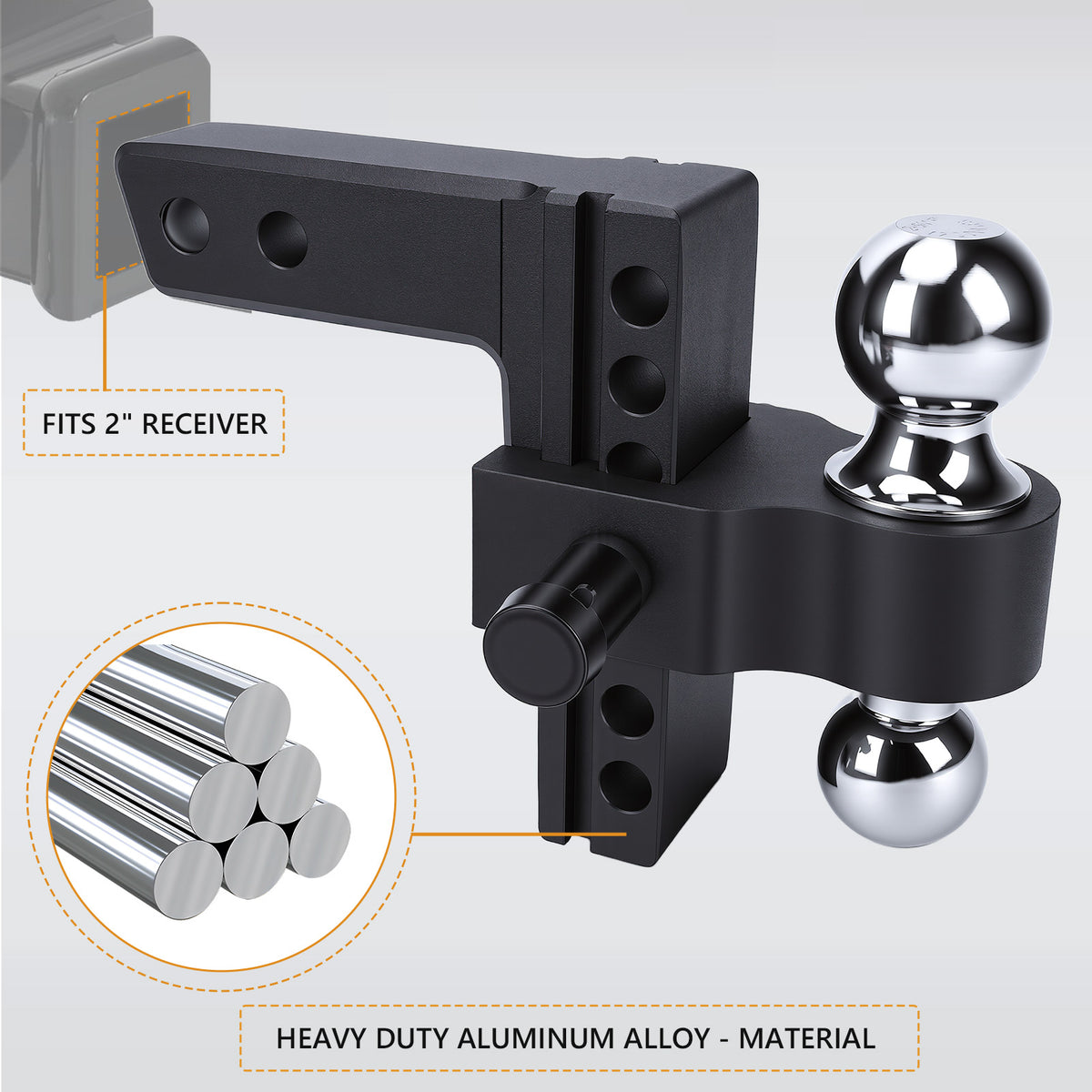 Adjustable Trailer Hitch,Aluminum Drop Hitch Fits 2" Receiver, 6 Inch Drop/Rise, 12,500 LBS GTW Heavy Duty Truck Hitch, (2" & 2-5/16") Chrome Plated Steel Balls - Tow Hitch Ball Mount,Black