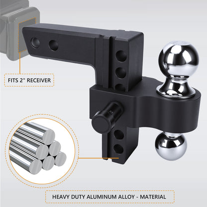 Adjustable Trailer Hitch,Aluminum Drop Hitch Fits 2" Receiver, 6 Inch Drop/Rise, 12,500 LBS GTW Heavy Duty Truck Hitch, (2" & 2-5/16") Chrome Plated Steel Balls - Tow Hitch Ball Mount,Black