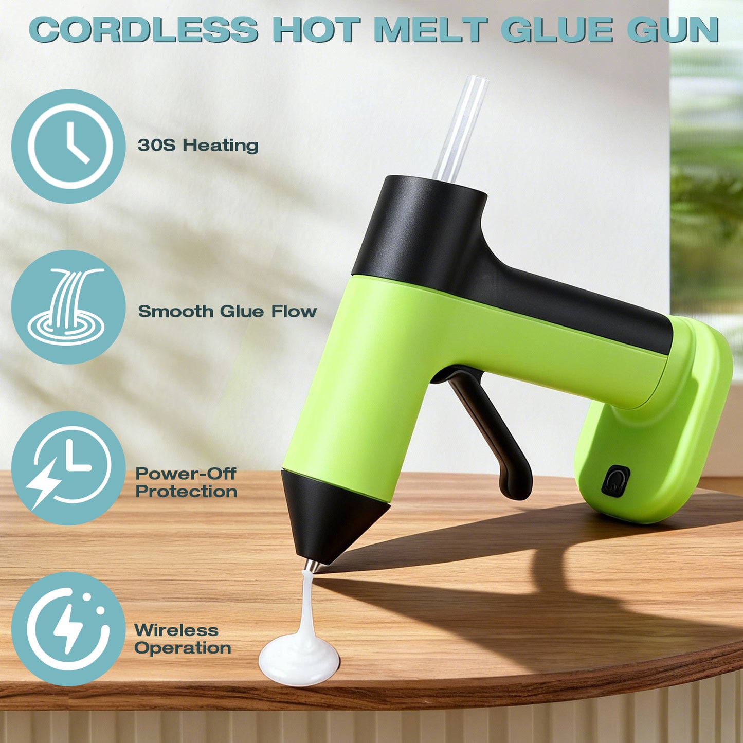 Cordless Hot Glue Gun, 30s Heating Fast with 2000mAh Rechargeable Battery & 30 Glue Sticks, Smart Power-off, Compact Size, Intelligent Temperature Control,for Crafts, DIY Arts, Home Repairs,Green