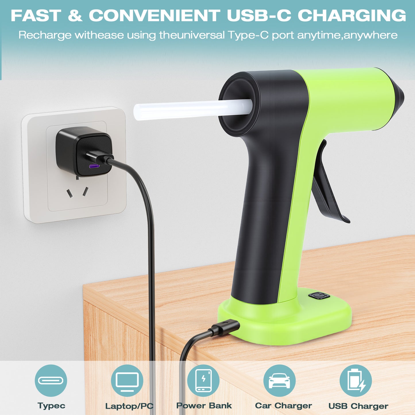 Cordless Hot Glue Gun, 30s Heating Fast with 2000mAh Rechargeable Battery & 30 Glue Sticks, Smart Power-off, Compact Size, Intelligent Temperature Control,for Crafts, DIY Arts, Home Repairs,Green