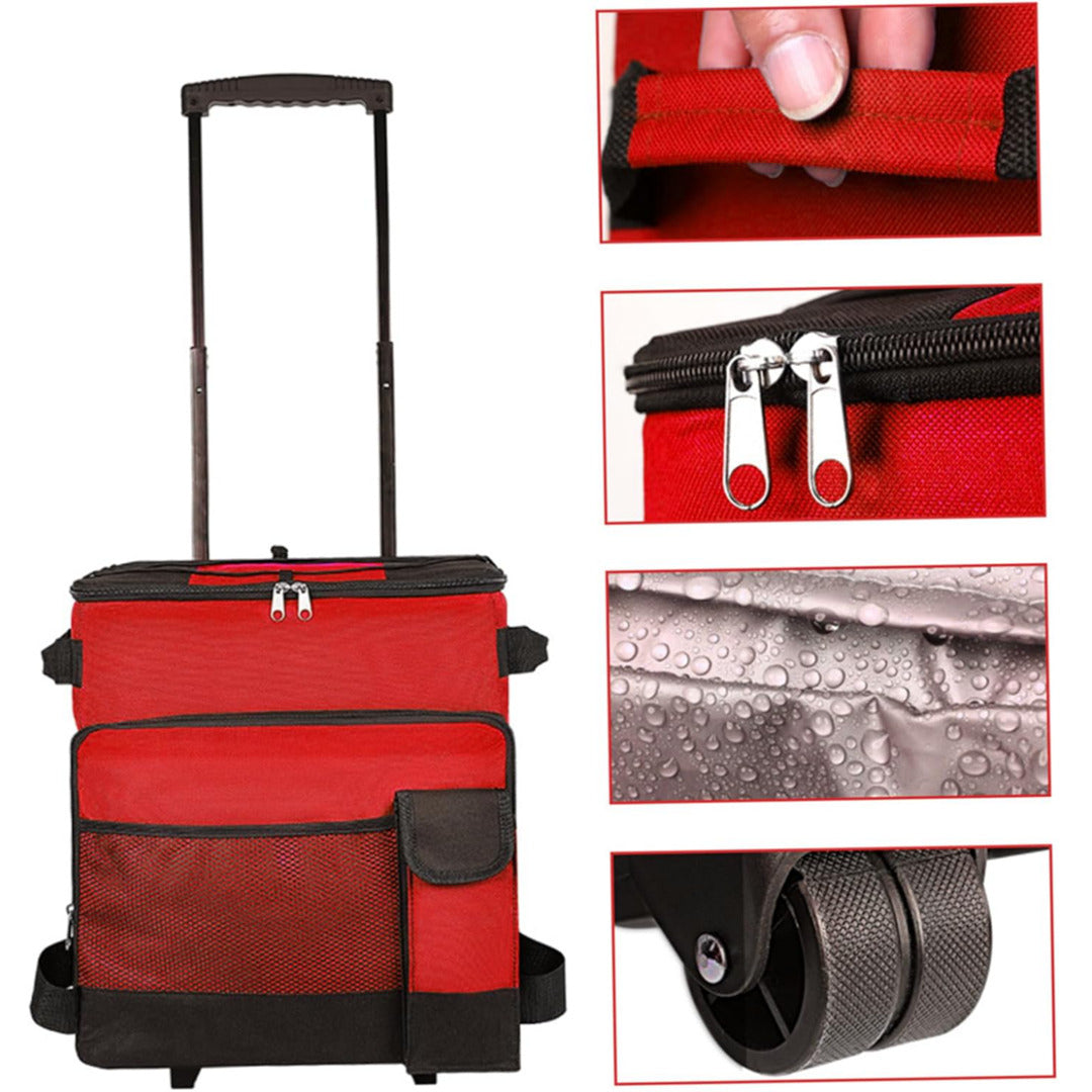 43L Collapsible Cooler with Wheels, Insulated Rolling Cooler with All-Terrain Cart, Waterproof Soft Sided Cooler Bag for Beach, Picnic, Camping, Shopping, Travel,Red