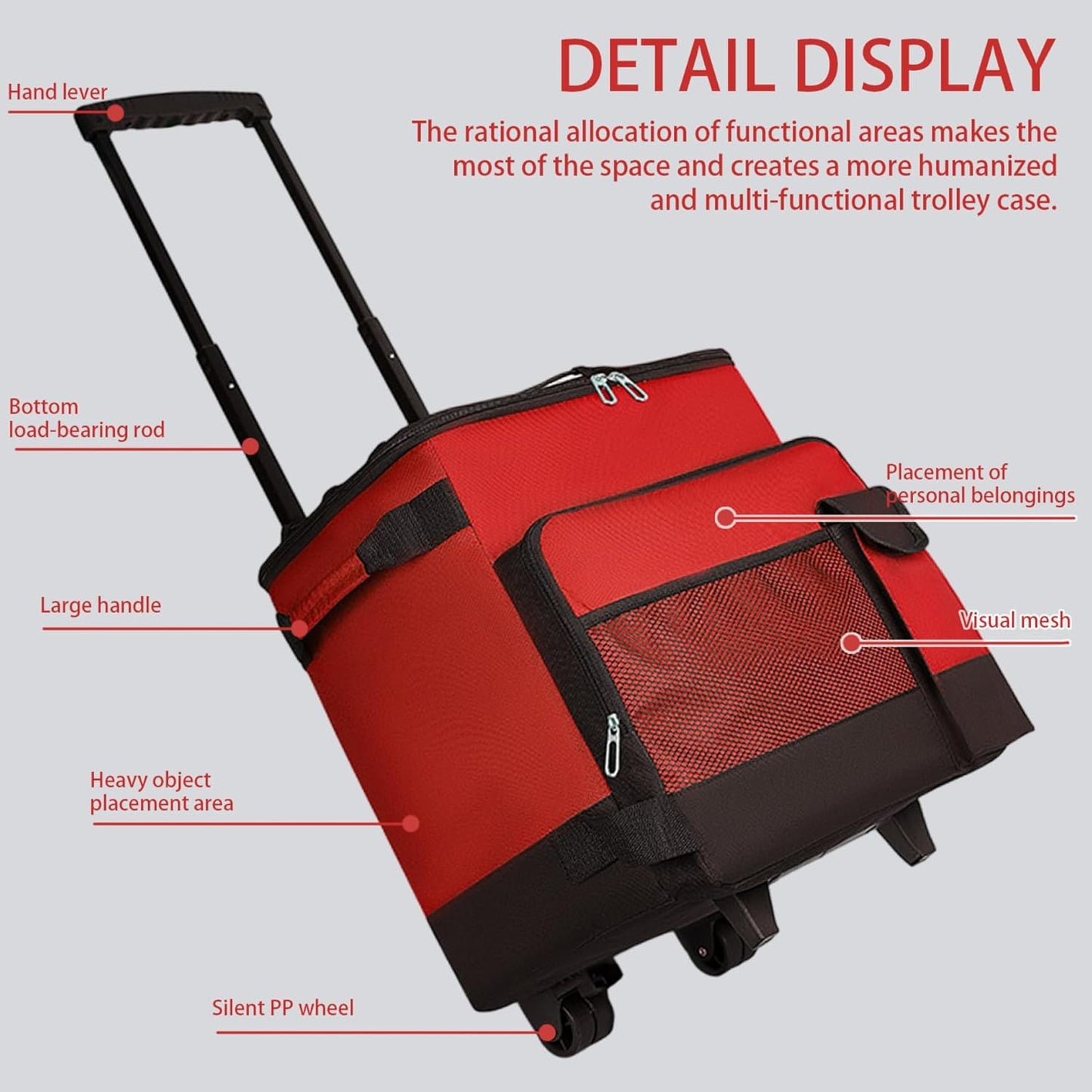 43L Collapsible Cooler with Wheels, Insulated Rolling Cooler with All-Terrain Cart, Waterproof Soft Sided Cooler Bag for Beach, Picnic, Camping, Shopping, Travel,Red