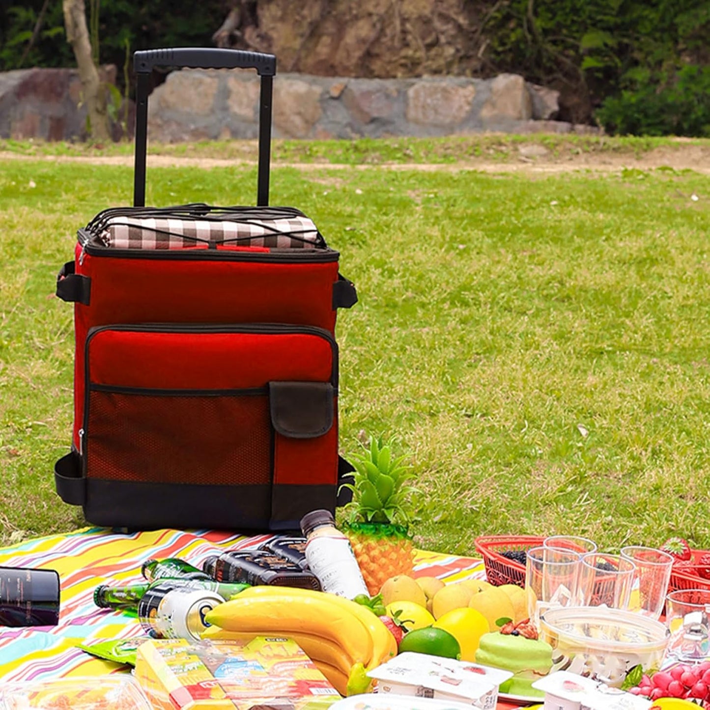 43L Collapsible Cooler with Wheels, Insulated Rolling Cooler with All-Terrain Cart, Waterproof Soft Sided Cooler Bag for Beach, Picnic, Camping, Shopping, Travel,Red