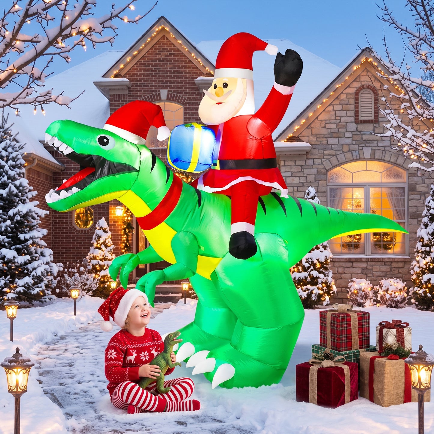 9FT Christmas Inflatables Santa Ride on Dinosaur with LED Outdoor Christmas Dinosaur Inflatable Blow Up Yard Decorations with Sandbags Stakes Strings for Garden Decor
