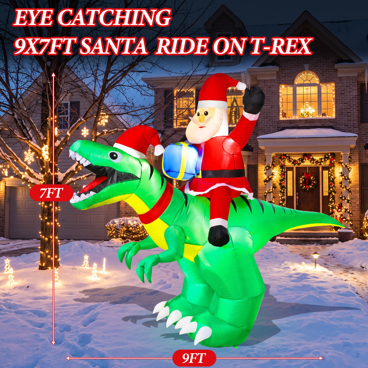 9FT Christmas Inflatables Santa Ride on Dinosaur with LED Outdoor Christmas Dinosaur Inflatable Blow Up Yard Decorations with Sandbags Stakes Strings for Garden Decor