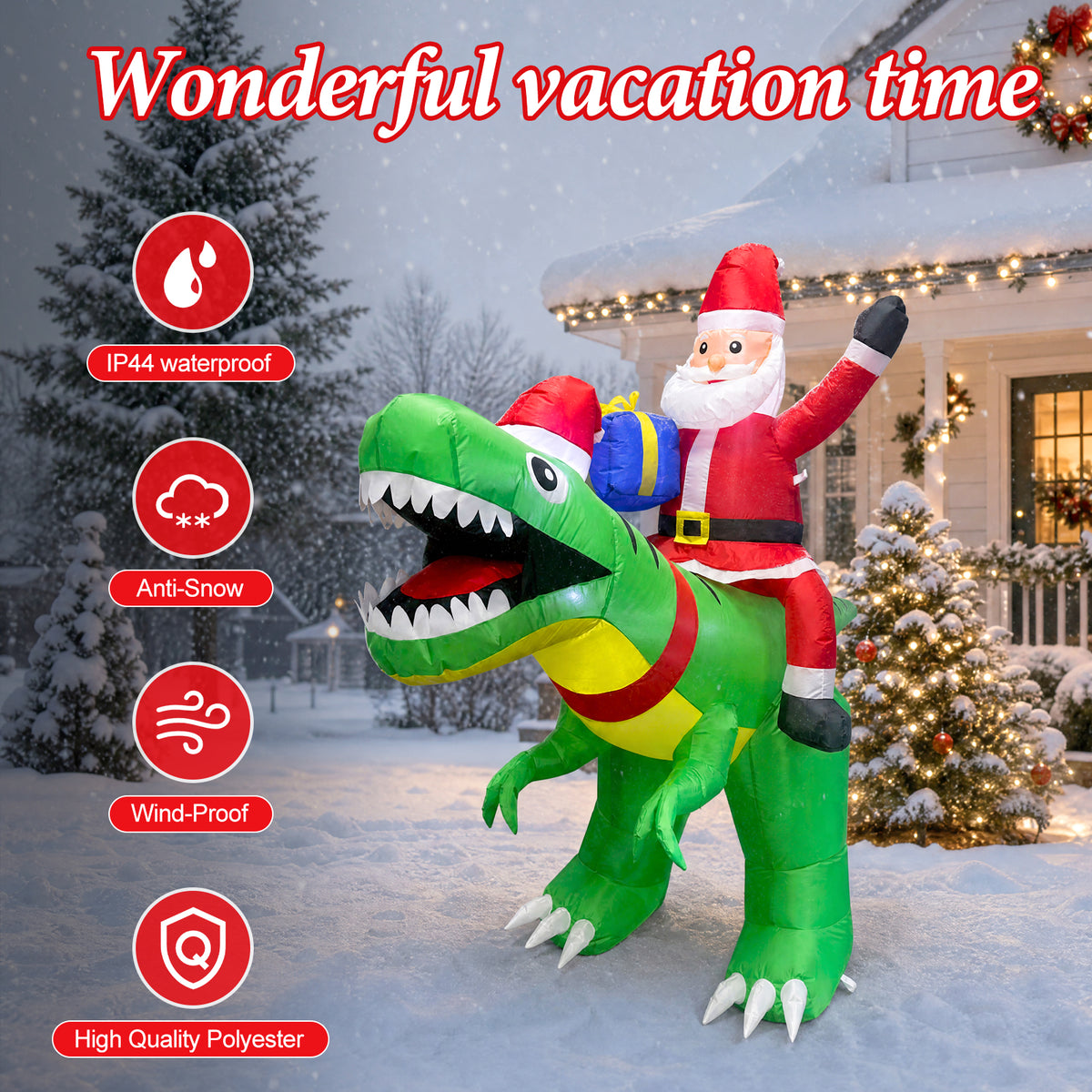 9FT Christmas Inflatables Santa Ride on Dinosaur with LED Outdoor Christmas Dinosaur Inflatable Blow Up Yard Decorations with Sandbags Stakes Strings for Garden Decor