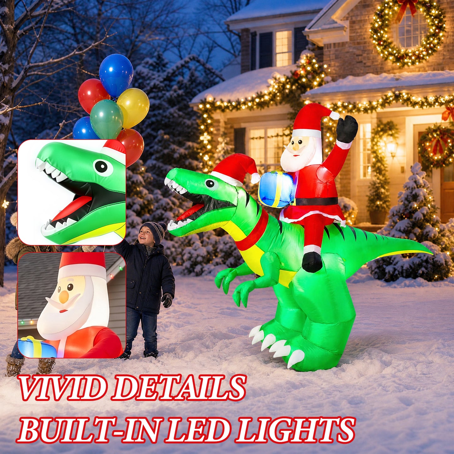 9FT Christmas Inflatables Santa Ride on Dinosaur with LED Outdoor Christmas Dinosaur Inflatable Blow Up Yard Decorations with Sandbags Stakes Strings for Garden Decor
