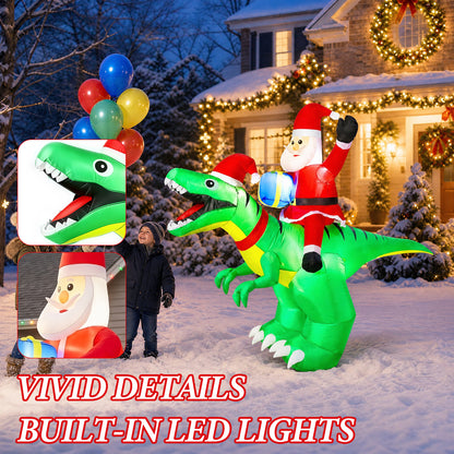 9FT Christmas Inflatables Santa Ride on Dinosaur with LED Outdoor Christmas Dinosaur Inflatable Blow Up Yard Decorations with Sandbags Stakes Strings for Garden Decor