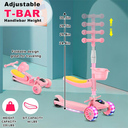 EOTVIA Kids Scooter with LED Lighted Wheels, 3 Adjustable Handlebar/Foldable Seat, Sit or Stand Ride, Lean-to-Steer & Deck, Scooters for Kids 3-5,Pink