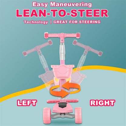 EOTVIA Kids Scooter with LED Lighted Wheels, 3 Adjustable Handlebar/Foldable Seat, Sit or Stand Ride, Lean-to-Steer & Deck, Scooters for Kids 3-5,Pink