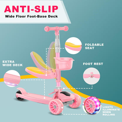 EOTVIA Kids Scooter with LED Lighted Wheels, 3 Adjustable Handlebar/Foldable Seat, Sit or Stand Ride, Lean-to-Steer & Deck, Scooters for Kids 3-5,Pink