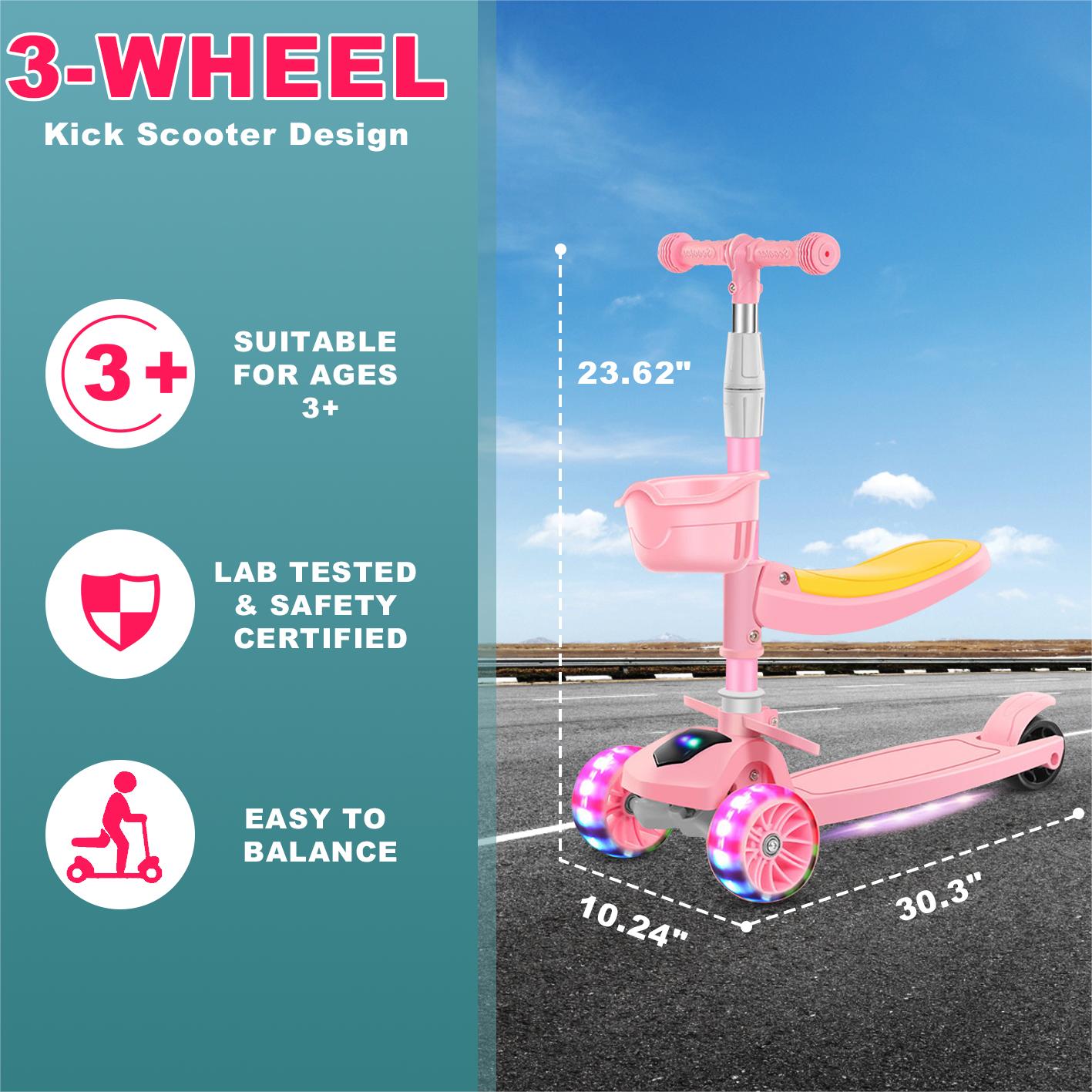EOTVIA Kids Scooter with LED Lighted Wheels, 3 Adjustable Handlebar/Foldable Seat, Sit or Stand Ride, Lean-to-Steer & Deck, Scooters for Kids 3-5,Pink