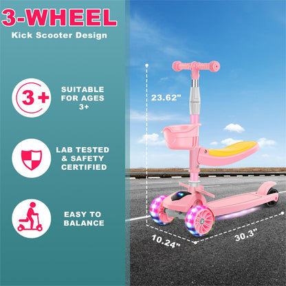 EOTVIA Kids Scooter with LED Lighted Wheels, 3 Adjustable Handlebar/Foldable Seat, Sit or Stand Ride, Lean-to-Steer & Deck, Scooters for Kids 3-5,Pink
