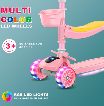 EOTVIA Kids Scooter with LED Lighted Wheels, 3 Adjustable Handlebar/Foldable Seat, Sit or Stand Ride, Lean-to-Steer & Deck, Scooters for Kids 3-5,Pink