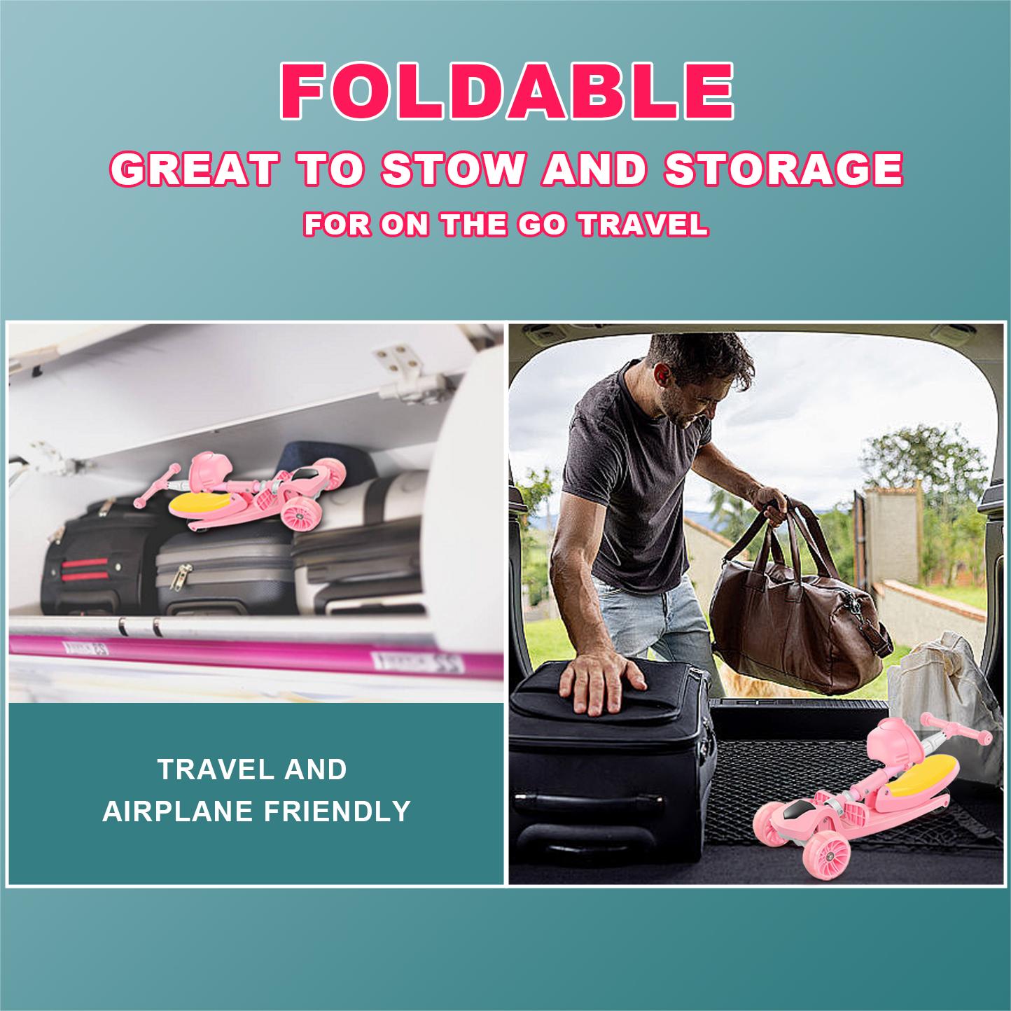 EOTVIA Kids Scooter with LED Lighted Wheels, 3 Adjustable Handlebar/Foldable Seat, Sit or Stand Ride, Lean-to-Steer & Deck, Scooters for Kids 3-5,Pink