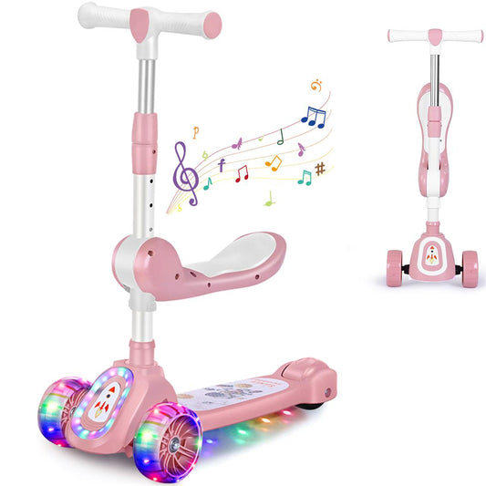 Eotvia Kids Scooter with LED Lighted Wheels, 3 Adjustable Height Handlebars and Foldable Seat - Sit or Stand Ride, Lean-to-Steer & Widen Anti-Slip Deck, Scooters for Kids 3 YO & up, Pink