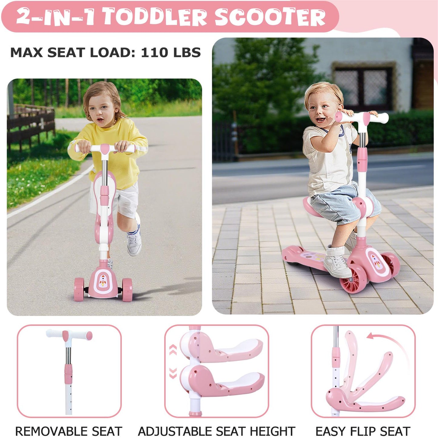 Eotvia Kids Scooter with LED Lighted Wheels, 3 Adjustable Height Handlebars and Foldable Seat - Sit or Stand Ride, Lean-to-Steer & Widen Anti-Slip Deck, Scooters for Kids 3 YO & up, Pink