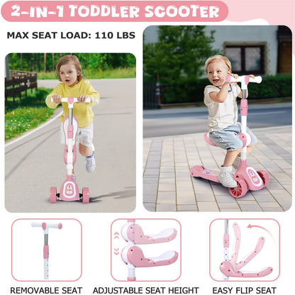Eotvia Kids Scooter with LED Lighted Wheels, 3 Adjustable Height Handlebars and Foldable Seat - Sit or Stand Ride, Lean-to-Steer & Widen Anti-Slip Deck, Scooters for Kids 3 YO & up, Pink