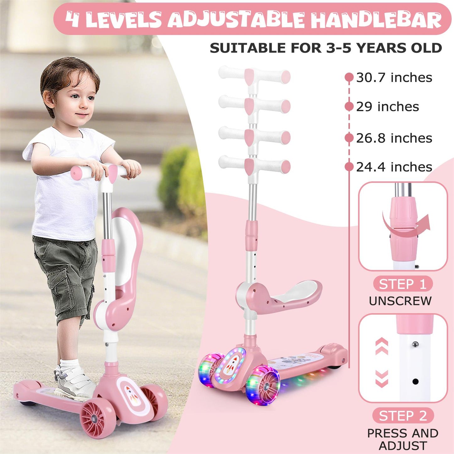 Eotvia Kids Scooter with LED Lighted Wheels, 3 Adjustable Height Handlebars and Foldable Seat - Sit or Stand Ride, Lean-to-Steer & Widen Anti-Slip Deck, Scooters for Kids 3 YO & up, Pink