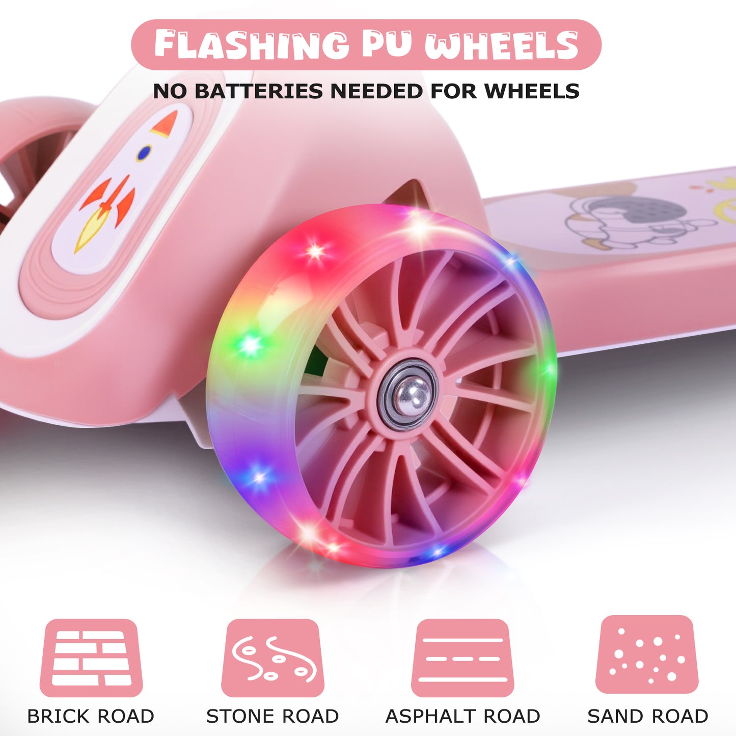 Eotvia Kids Scooter with LED Lighted Wheels, 3 Adjustable Height Handlebars and Foldable Seat - Sit or Stand Ride, Lean-to-Steer & Widen Anti-Slip Deck, Scooters for Kids 3 YO & up, Pink