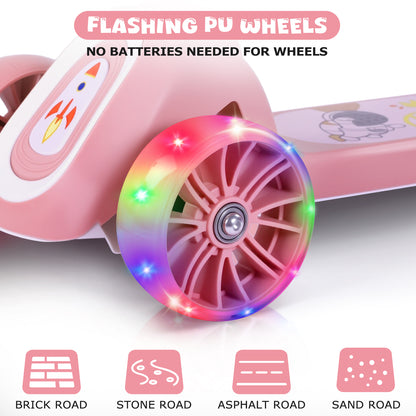 Eotvia Kids Scooter with LED Lighted Wheels, 3 Adjustable Height Handlebars and Foldable Seat - Sit or Stand Ride, Lean-to-Steer & Widen Anti-Slip Deck, Scooters for Kids 3 YO & up, Pink