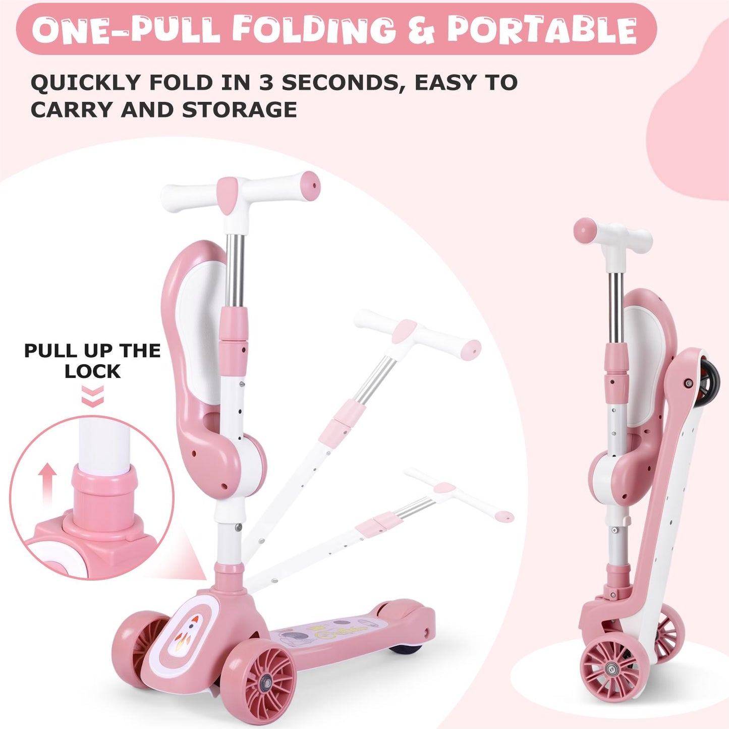 Eotvia Kids Scooter with LED Lighted Wheels, 3 Adjustable Height Handlebars and Foldable Seat - Sit or Stand Ride, Lean-to-Steer & Widen Anti-Slip Deck, Scooters for Kids 3 YO & up, Pink