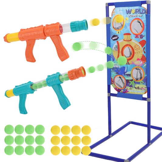 Shooting Game Toy for Age 6, 7, 8, 9, 10+ Years Old Kids Boys, 2 Pack Air Toy Blaster Air Pump & Shooting Target & 24 Foam Balls, Indoor & Outdoor Play, Ideal Christmas Birthday Gift for Boys 3+