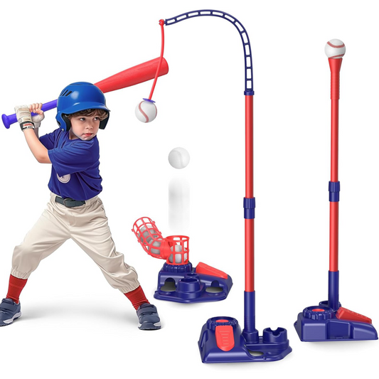 3-in-1 T Ball Set for Kids, 2.5-3.9ft Height Adjustable Tee Ball Stand, Hanging Tee, Pitching Machine, Tball Bat with 6 Balls, Indoor/Outdoor Sport Gifts for Boys & Girls