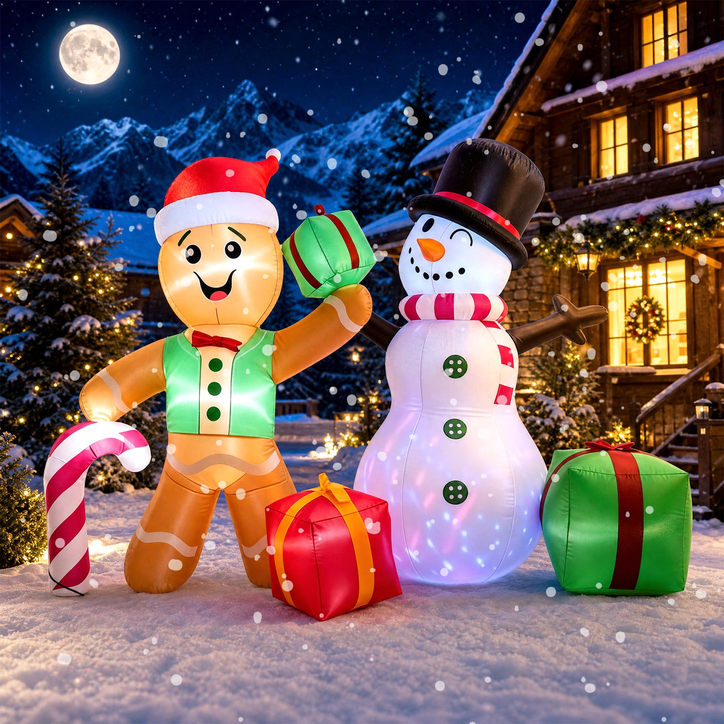 6 FT Christmas Decorations Outdoor Inflatables Gingerbread Man Snowman Blow Up Yard Decor, Outdoor Inflatables Decorations with Rotating LED Light for Garden Patio Lawn Holiday Party Xmas
