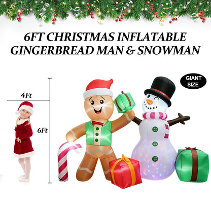 6 FT Christmas Decorations Outdoor Inflatables Gingerbread Man Snowman Blow Up Yard Decor, Outdoor Inflatables Decorations with Rotating LED Light for Garden Patio Lawn Holiday Party Xmas