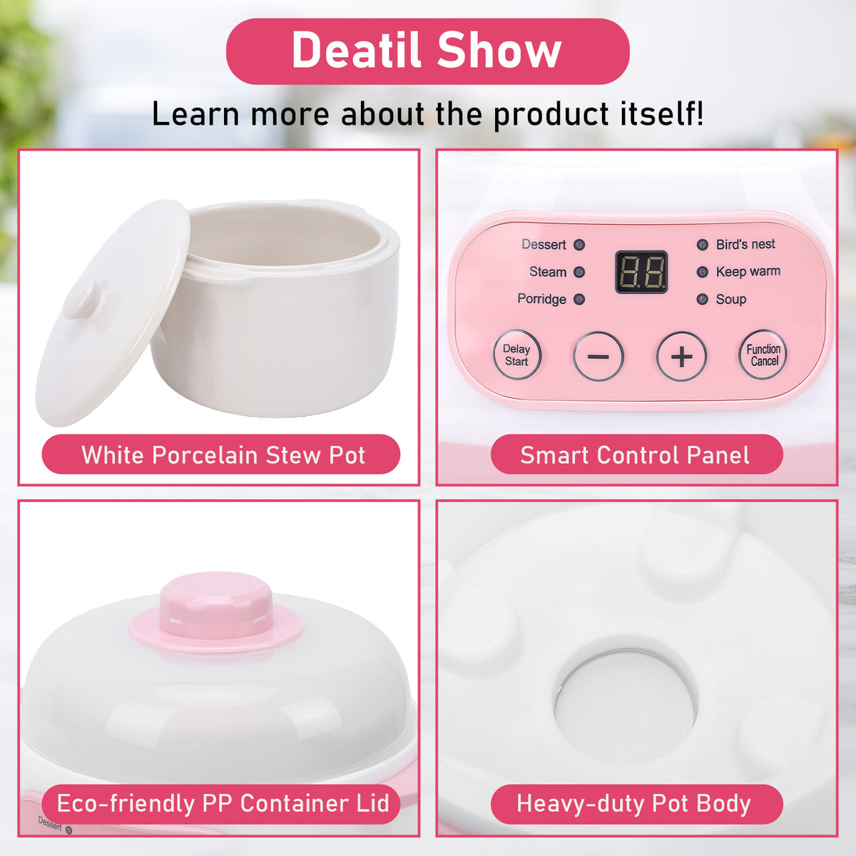 1L Electric Stew Pot, Smart Ceramic Soup Porridge Cooker, Mini Slow Cooker Anti Dry Burn , Multifunction Electric Ceramic Cooker