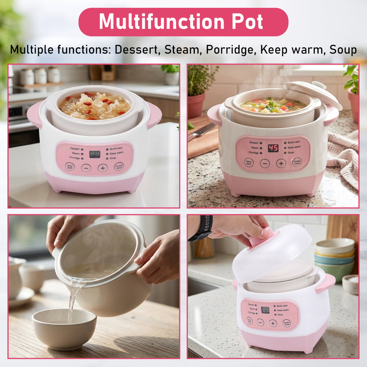 1L Electric Stew Pot, Smart Ceramic Soup Porridge Cooker, Mini Slow Cooker Anti Dry Burn , Multifunction Electric Ceramic Cooker